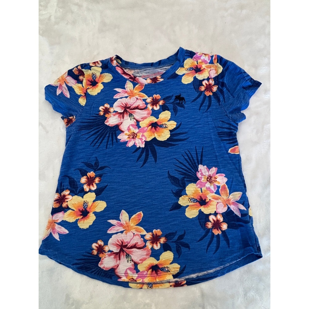 Abercrombie Kids Girls Blue Floral Hibiscus Tropical Slub T-Shirt Size 9/10